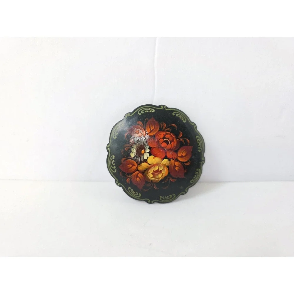 Vintage Russian Lacquer pin brooch floral red black 2